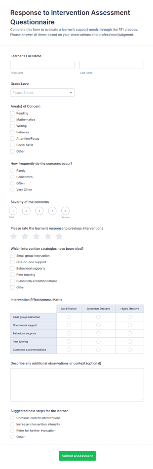 Response To Intervention (RTI) Assessment Questionnaire Form Template