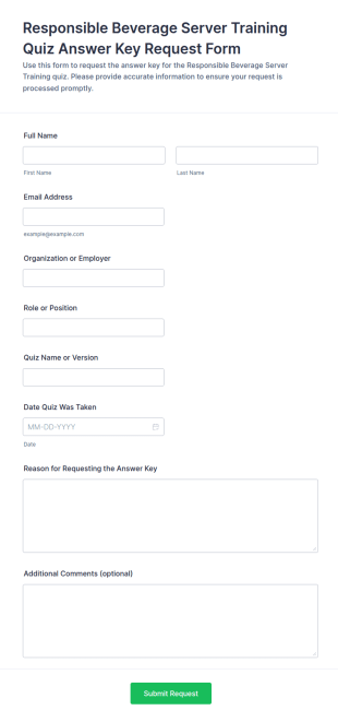 Responsible Beverage Server Training Quiz Answer Key Request Form Template