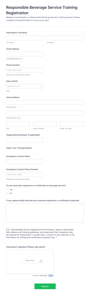 Responsible Beverage Service Training Registration Form Template