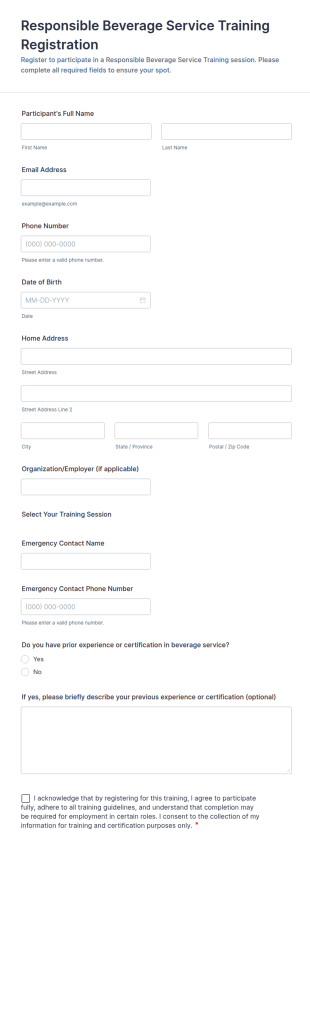 Responsible Beverage Service Training Registration Form Template