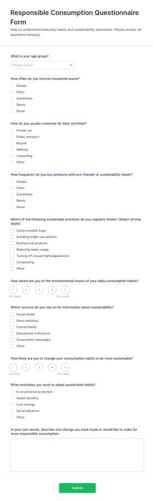 Responsible Consumption Questionnaire Form Template