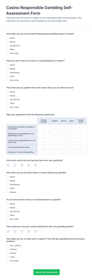 Responsible Gambling Self Assessment Form Template