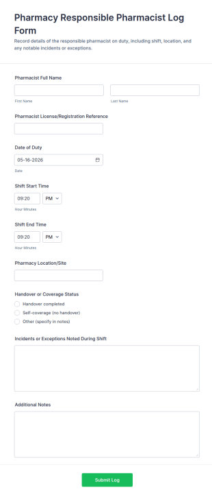 Responsible Pharmacist Log Form Template