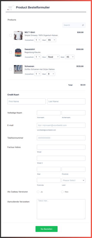 Responsief Productbestelforumlier