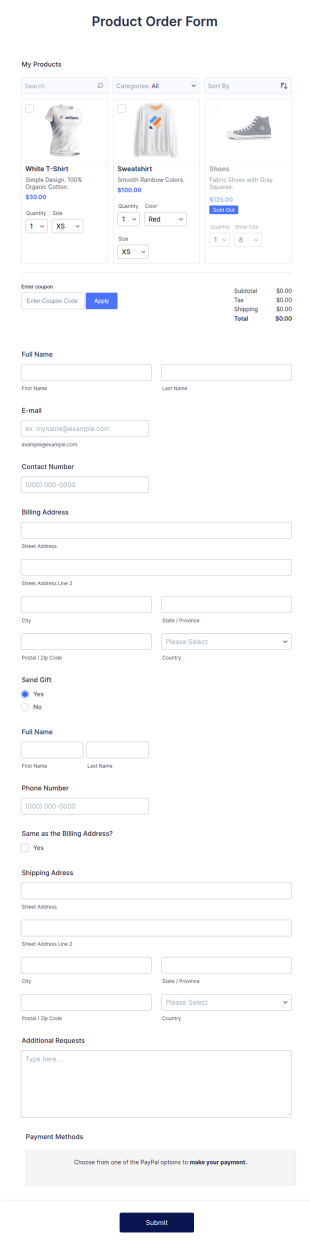 Responsive Product Order Form Template