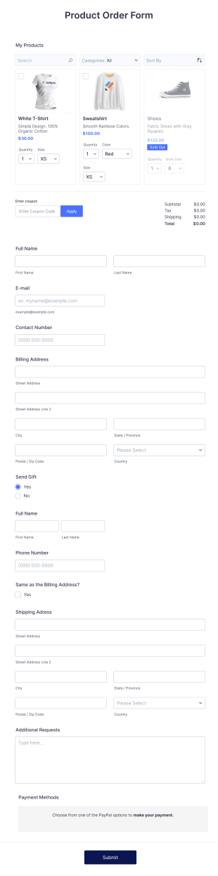 Responsive Product Order Form Template