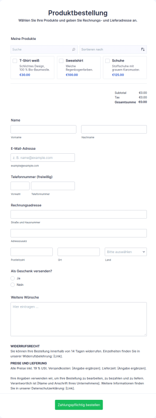 Responsives Produktbestellformular