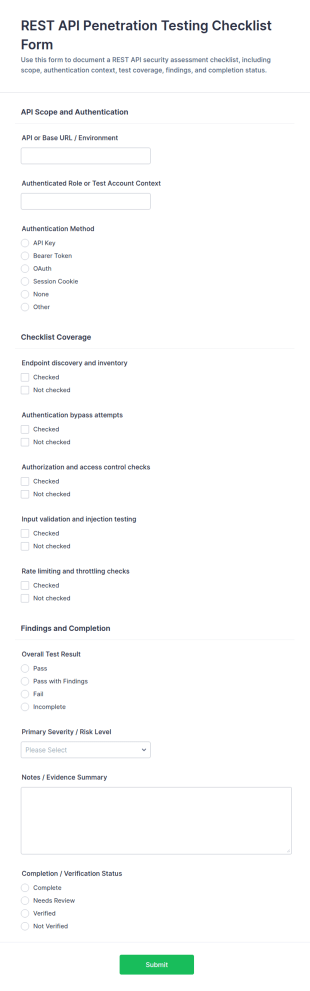 REST API Penetration Testing Checklist Form Template