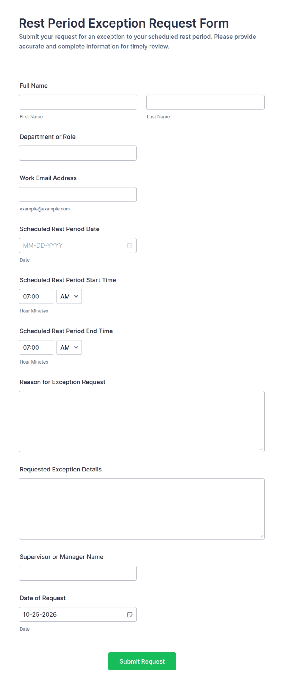 Rest Period Exception Request Form Template | Jotform