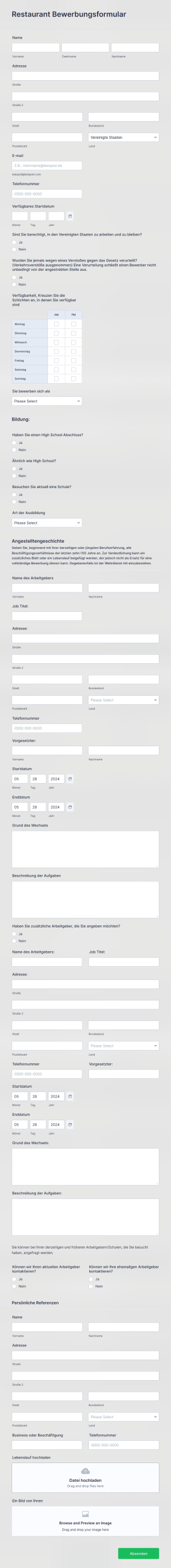 Restaurant Bewerbungsformular Form Template