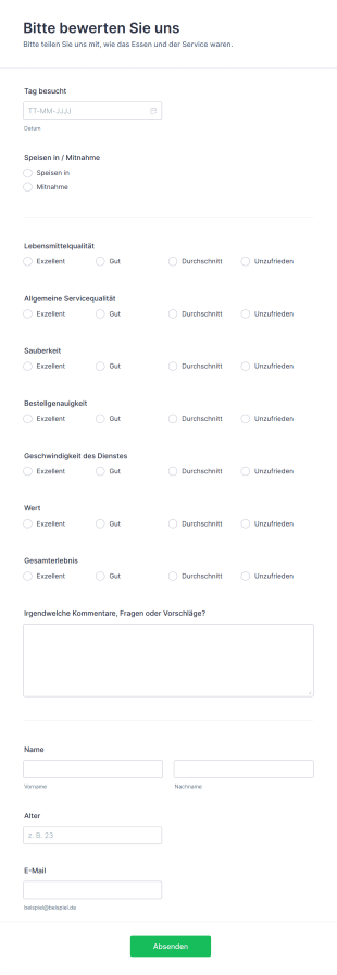 Restaurant Bewertungsformular Form Template