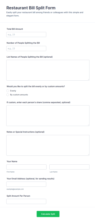 Restaurant Bill Split Form Template