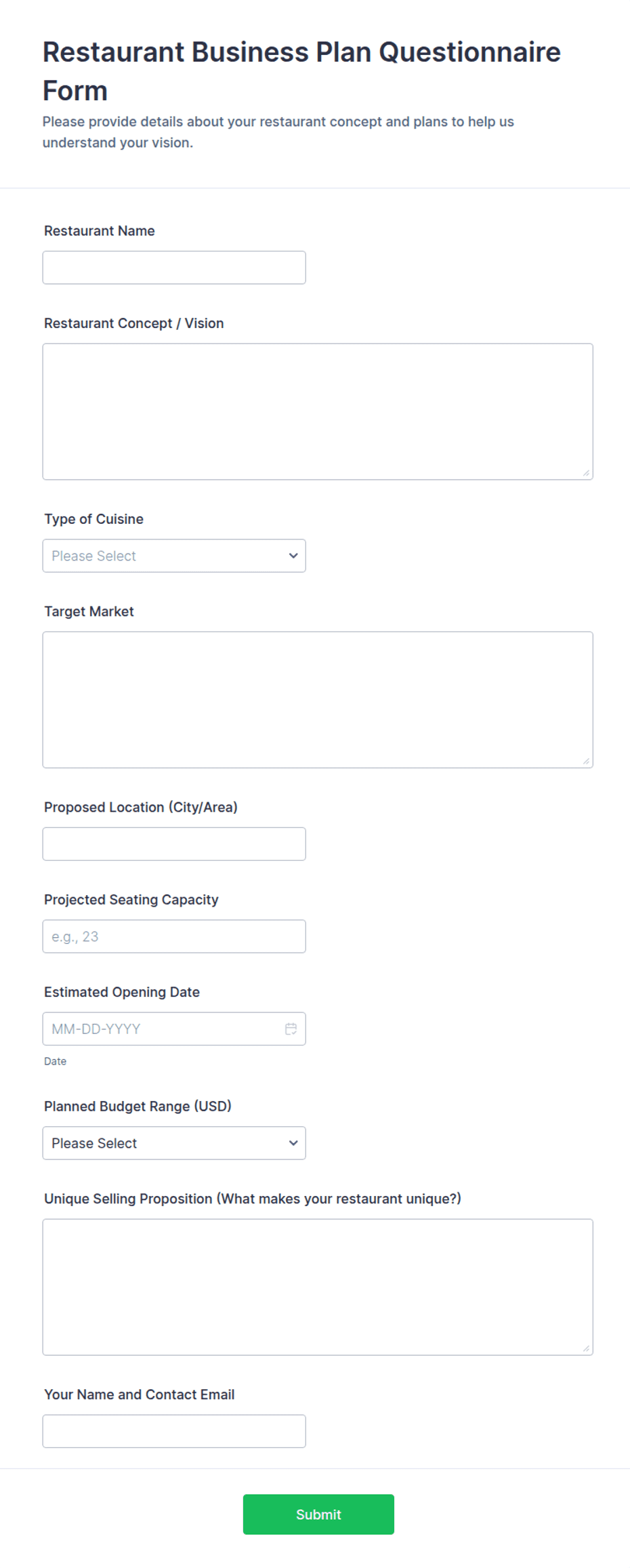 Restaurant Business Plan Questionnaire Form Template | Jotform