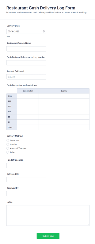 Restaurant Cash Delivery Log Form Template