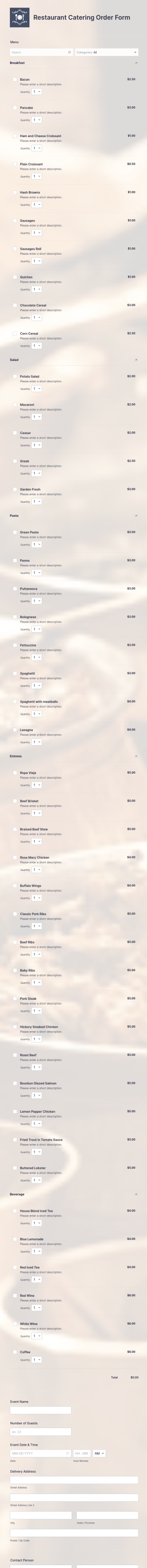 Restaurant Catering Order Form Template