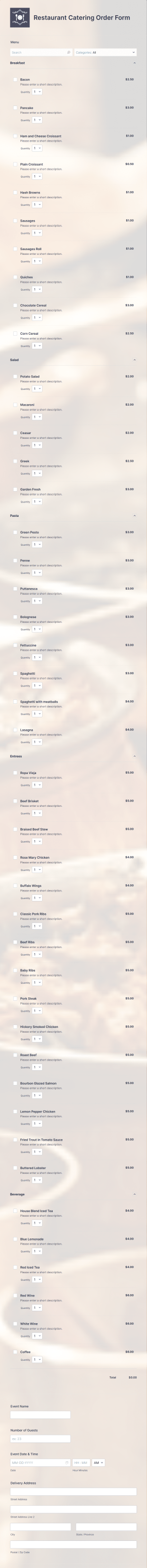 Restaurant Catering Order Form Template