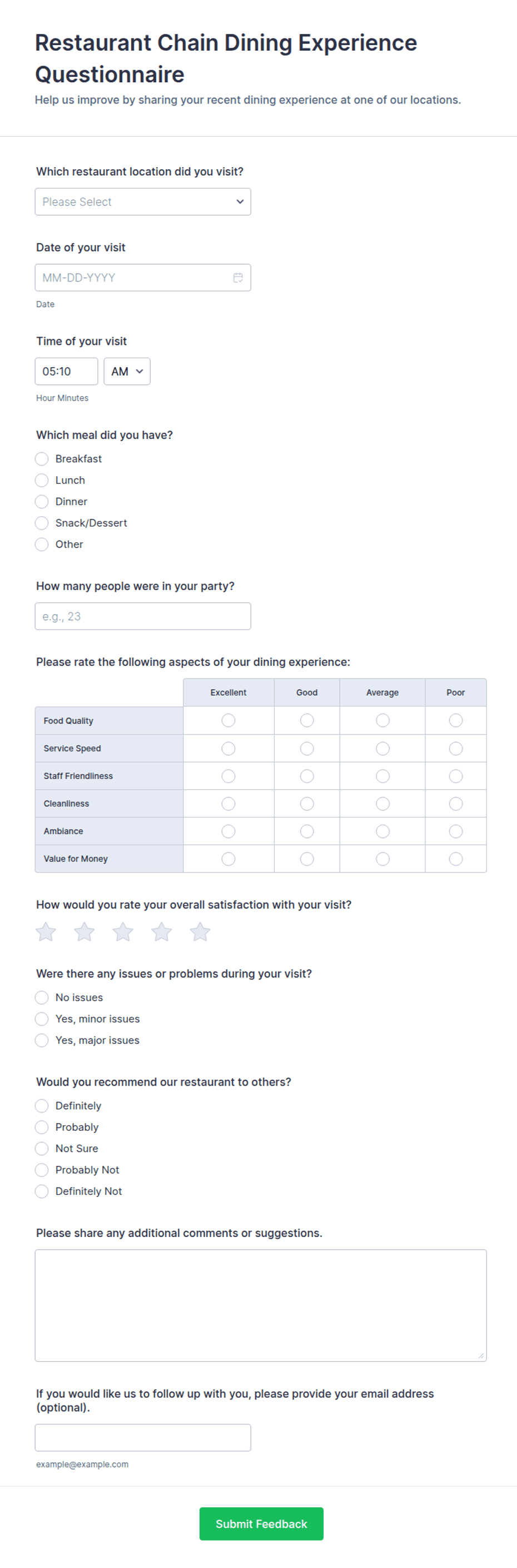 Restaurant Chain Dining Experience Questionnaire Form Template | Jotform
