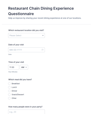 Restaurant Chain Dining Experience Questionnaire Form Template
