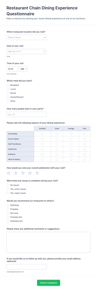 Restaurant Chain Dining Experience Questionnaire Form Template