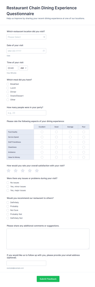 Restaurant Chain Dining Experience Questionnaire Form Template