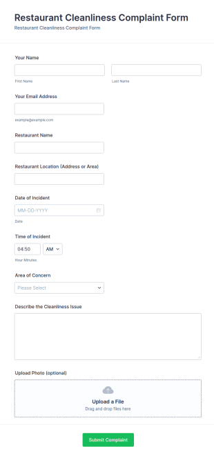 Restaurant Cleanliness Complaint Form Template
