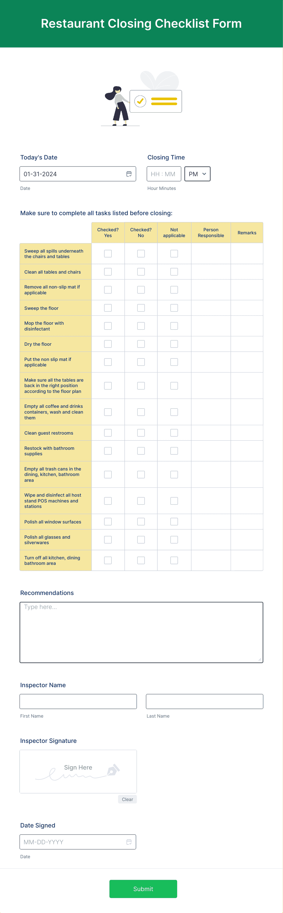 Restaurant Closing Checklist Form Template Jotform