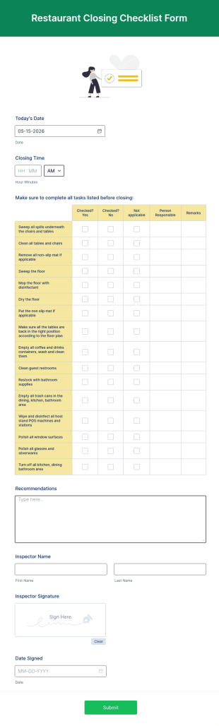 Restaurant Closing Checklist Form Template