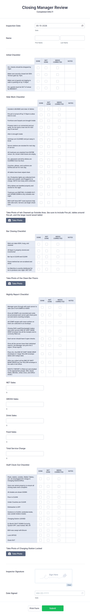 Restaurant Closing Manager Review Form Template