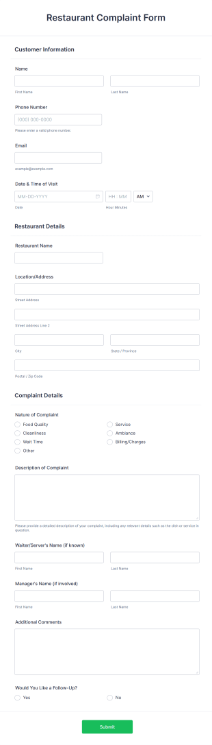 Restaurant Complaint Form Template