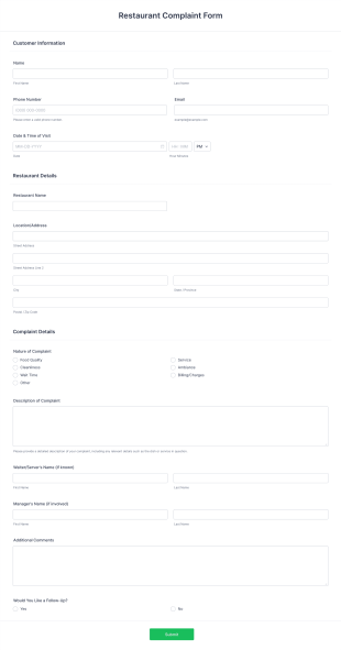 Restaurant Complaint Form Template