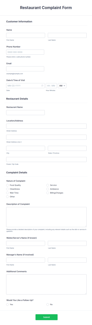 Restaurant Complaint Form Template