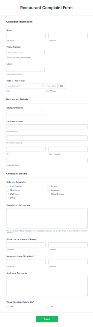 Restaurant Complaint Form Template