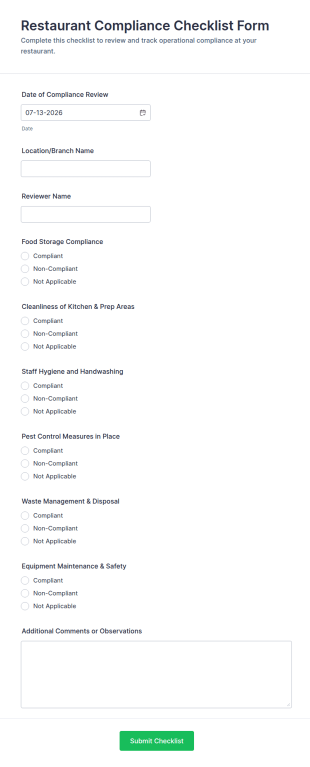 Restaurant Compliance Checklist Form Template