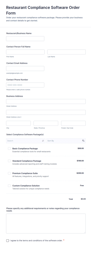 Restaurant Compliance Software Order Form Template