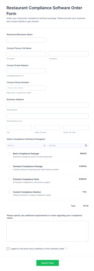 Restaurant Compliance Software Order Form Template