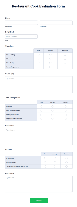 Restaurant Cook Evaluation Form Template