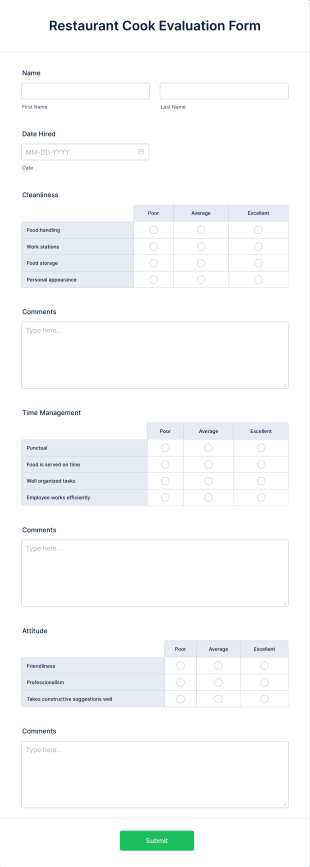 Restaurant Cook Evaluation Form Template