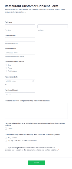 Restaurant Customer Consent Form Template