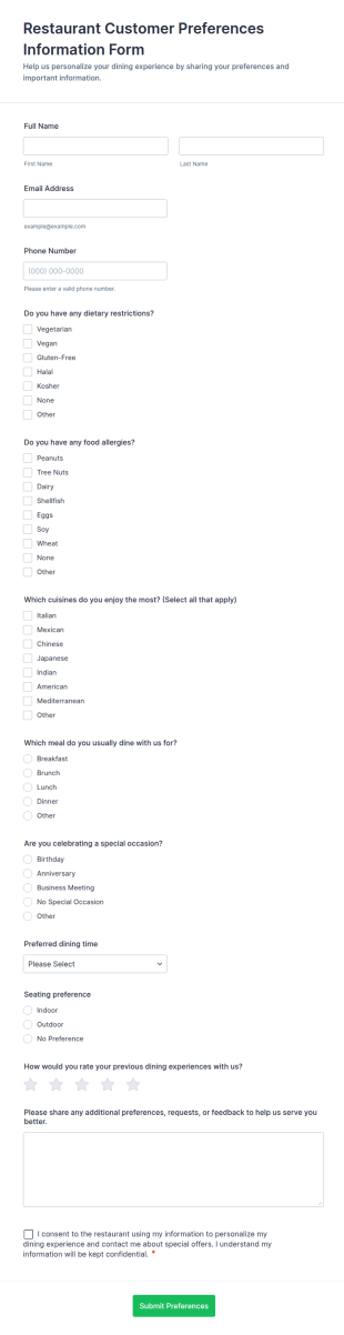 Restaurant Customer Preferences Information Form Template