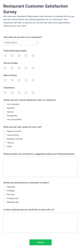 Restaurant Customer Satisfaction Survey Form Template