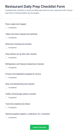 Restaurant Daily Prep Checklist Form Template