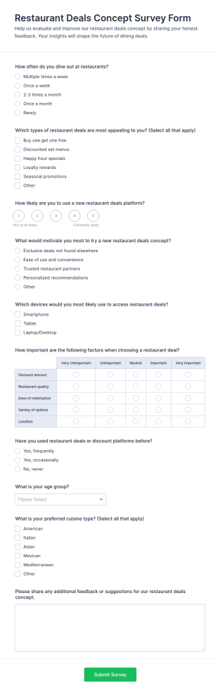 Restaurant Deals Concept Survey Form Template
