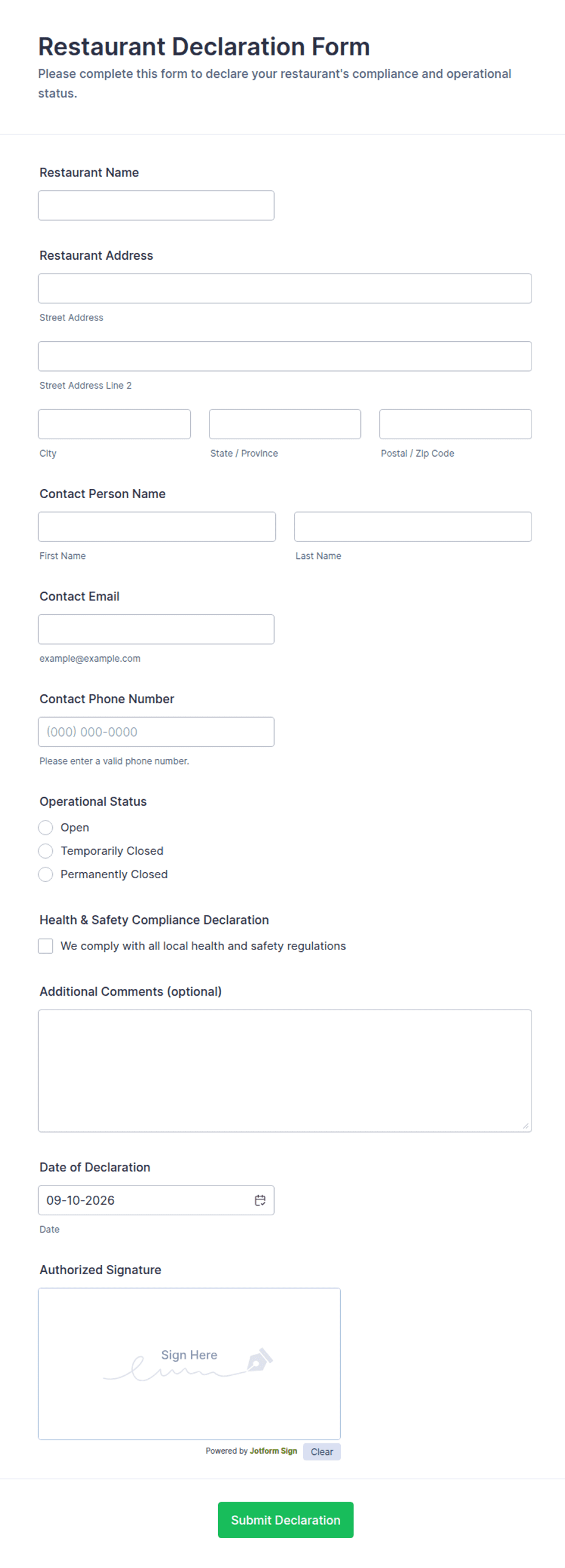 Restaurant Declaration Form Template | Jotform