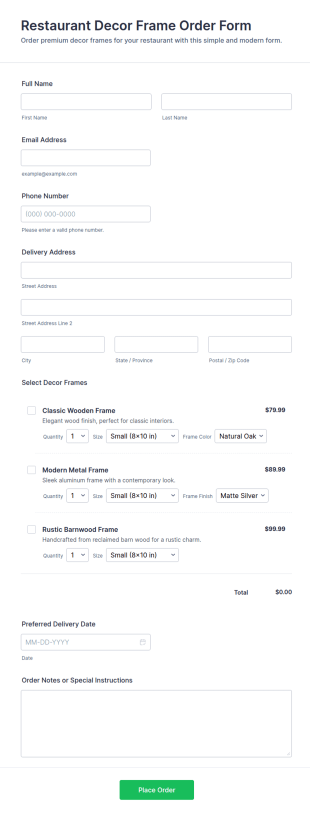 Restaurant Decor Frame Order Form Template