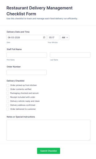Restaurant Delivery Management Checklist Form Template
