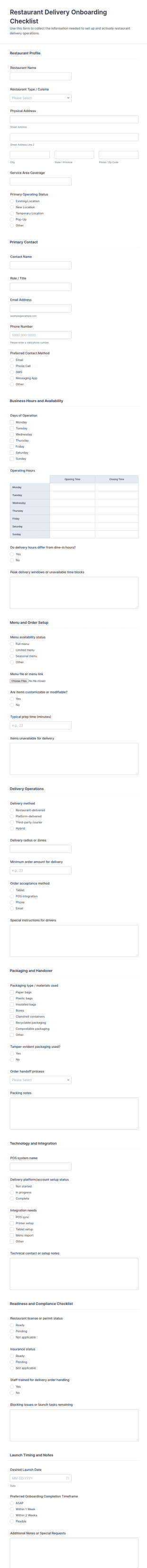Restaurant Delivery Onboarding Checklist Form Template