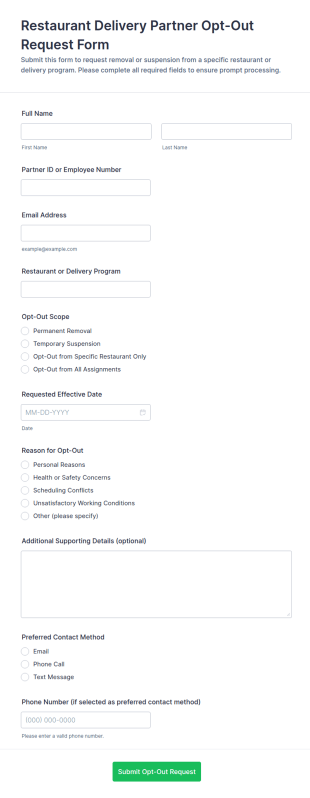Restaurant Delivery Partner Opt Out Request Form Template