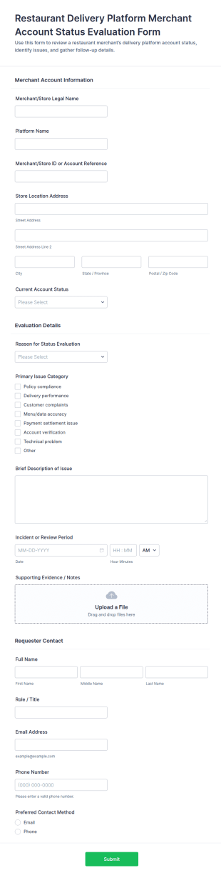 Restaurant Delivery Platform Merchant Account Status Evaluation Form Template