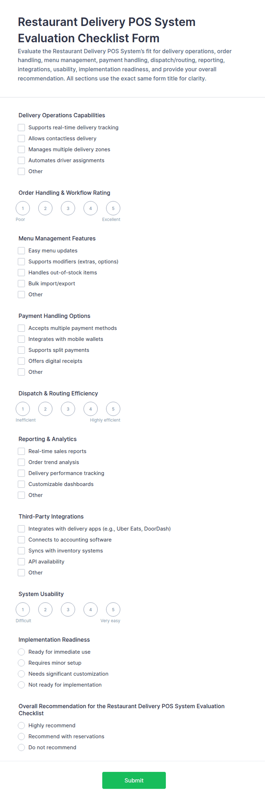 Restaurant Delivery POS System Evaluation Checklist Form Template | Jotform