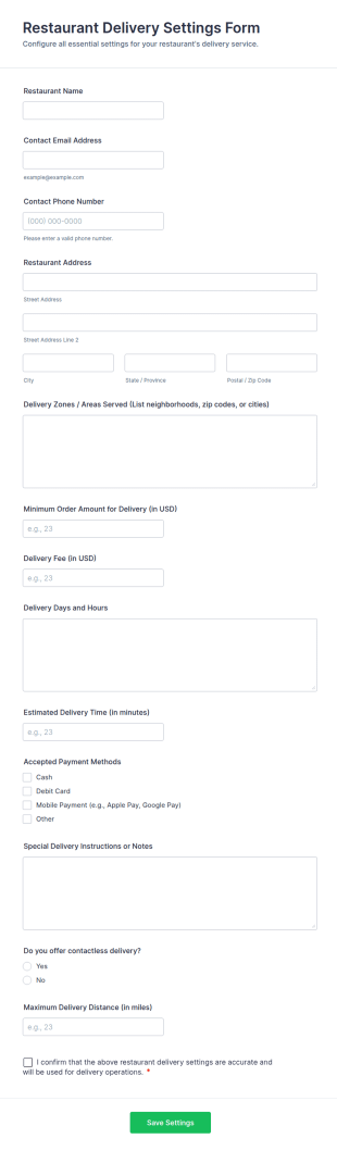 Restaurant Delivery Settings Form Template